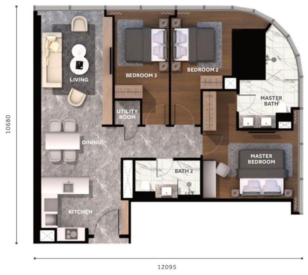 CloutHaus KLCC Type A floor plan, 1216 square feet, 3 bedrooms 2 bathrooms