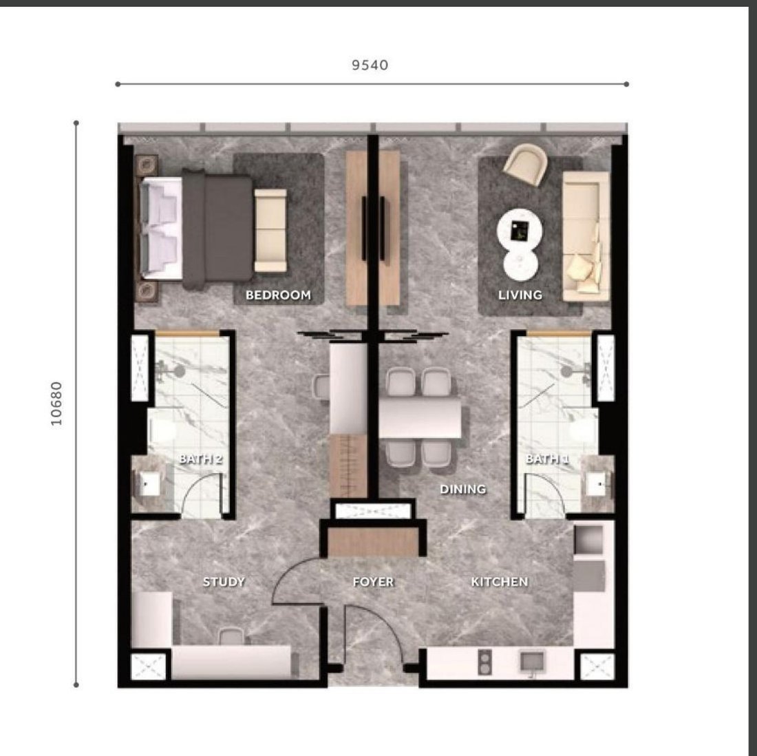 CloutHaus KLCC Type B floor plan, 1098 square feet, 1 bedroom 2 bathrooms, dual key option