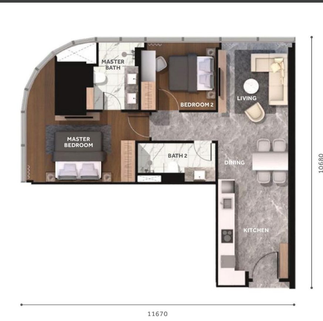 CloutHaus KLCC Type G floor plan, 904 square feet, 2 bedrooms 2 bathrooms