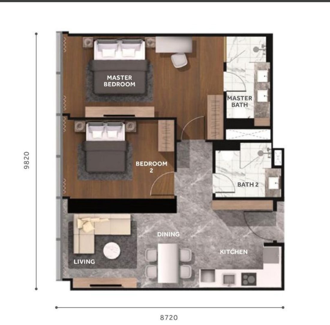 CloutHaus KLCC Type H floor plan, 904 square feet, 2 bedrooms 2 bathrooms
