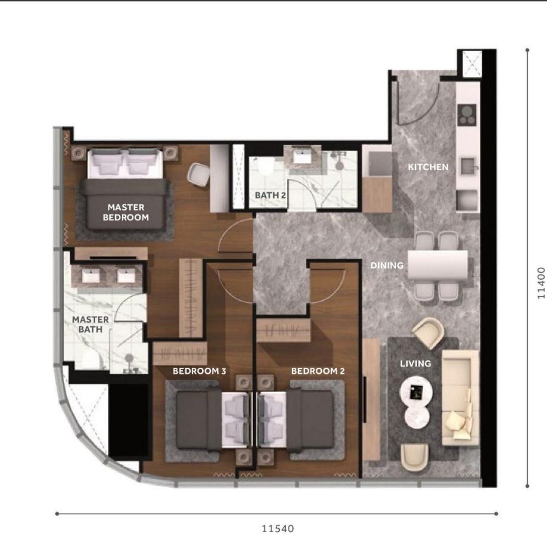 CloutHaus KLCC Type I floor plan, 1119 square feet, 3 bedrooms 2 bathrooms