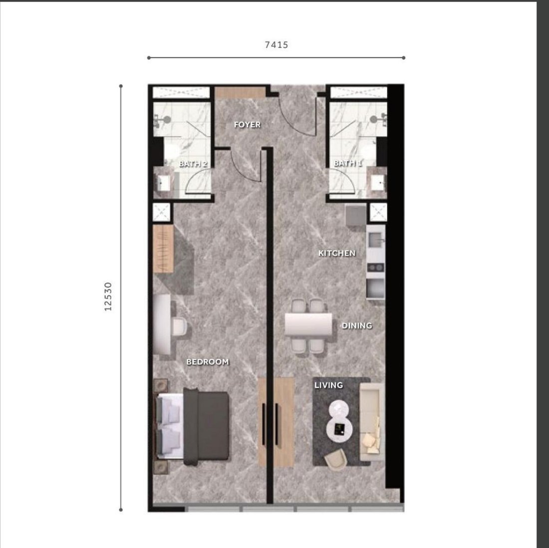 CloutHaus KLCC Type J floor plan, 1001 square feet, 1 bedroom 2 bathrooms, dual key option