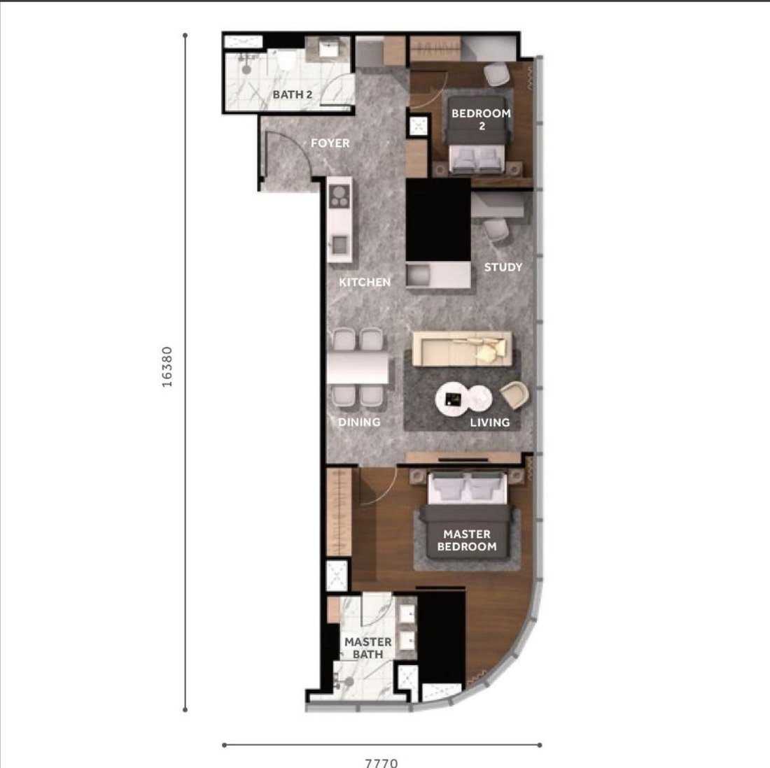 CloutHaus KLCC Type L floor plan, 980 square feet, 2 bedrooms 2 bathrooms