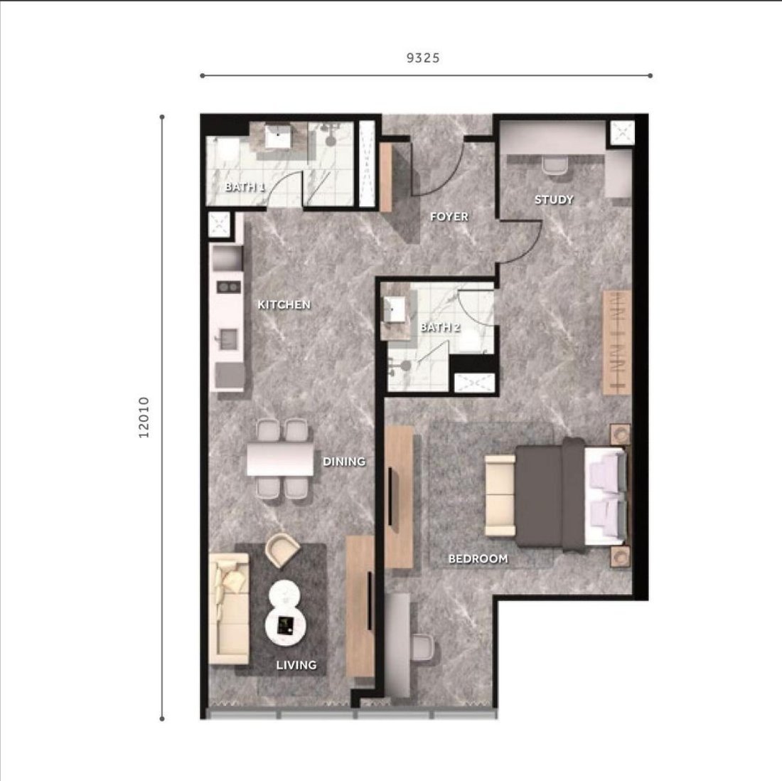 CloutHaus KLCC Type M floor plan, 1173 square feet, 2 bedrooms 2 bathrooms, dual key option
