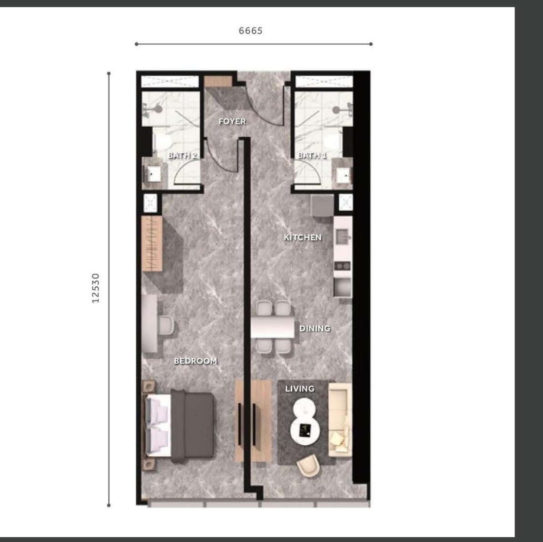 CloutHaus KLCC Type N floor plan, 893 square feet, 2 bedrooms 2 bathrooms, dual key option