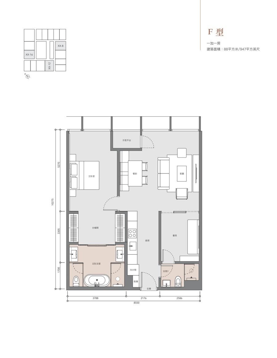 Type F floor plan, 947 sf, 1+1 Bedroom