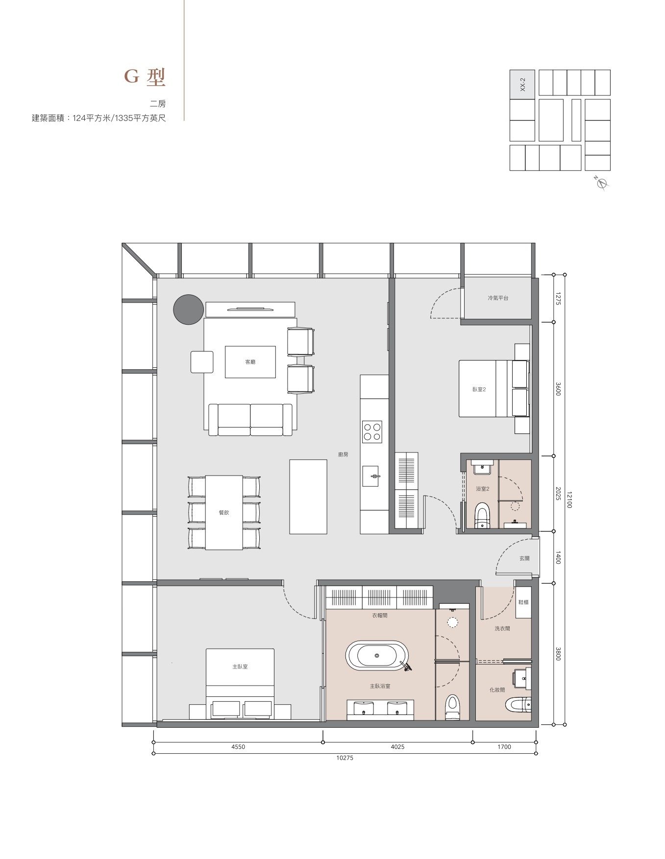Type G floor plan, 1,335 sf, 2 Bedrooms