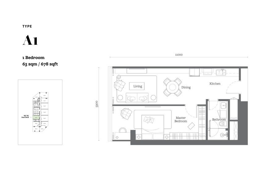 Type A1 floor plan, 678 square feet, 1 bedroom