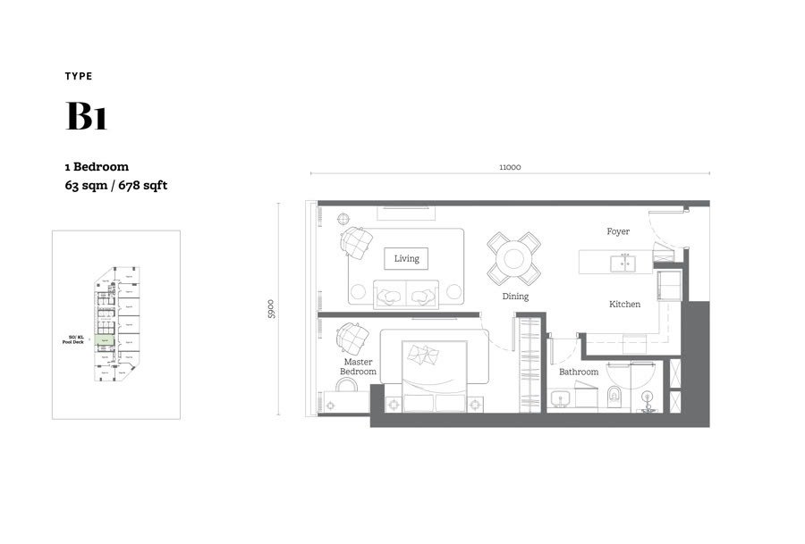 Type B1 floor plan, 678 square feet, 1 bedroom