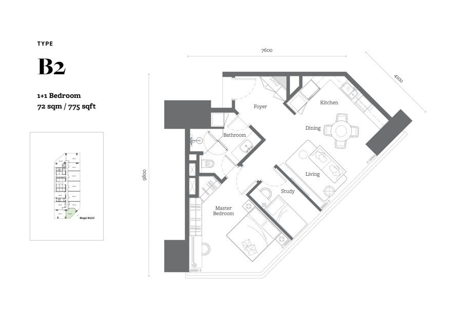 Type B2 floor plan, 775 square feet, 1+1 bedroom