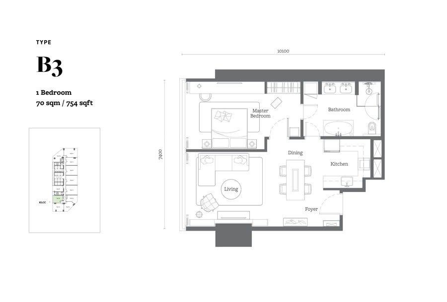 Type B3 floor plan, 754 square feet, 1 bedroom
