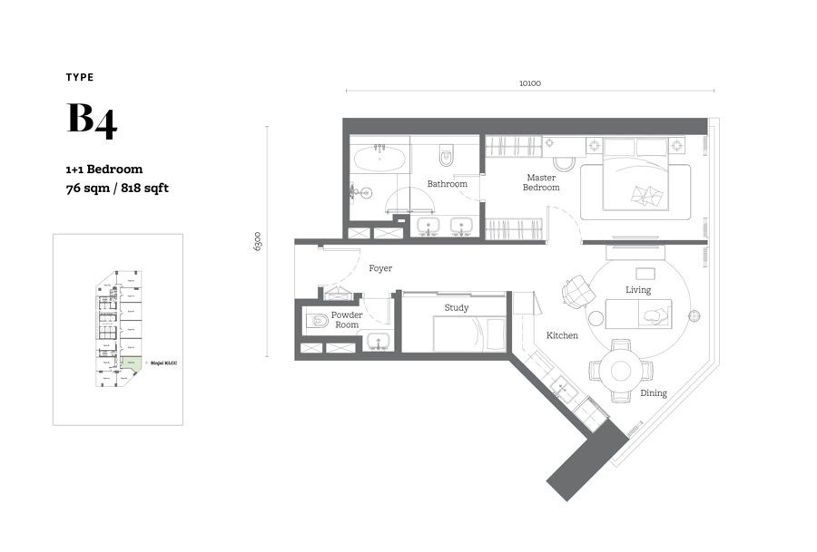 Type B4 floor plan, 818 square feet, 1+1 bedroom