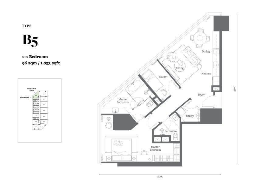 Type B5 floor plan, 1033 square feet, 1+1 bedroom