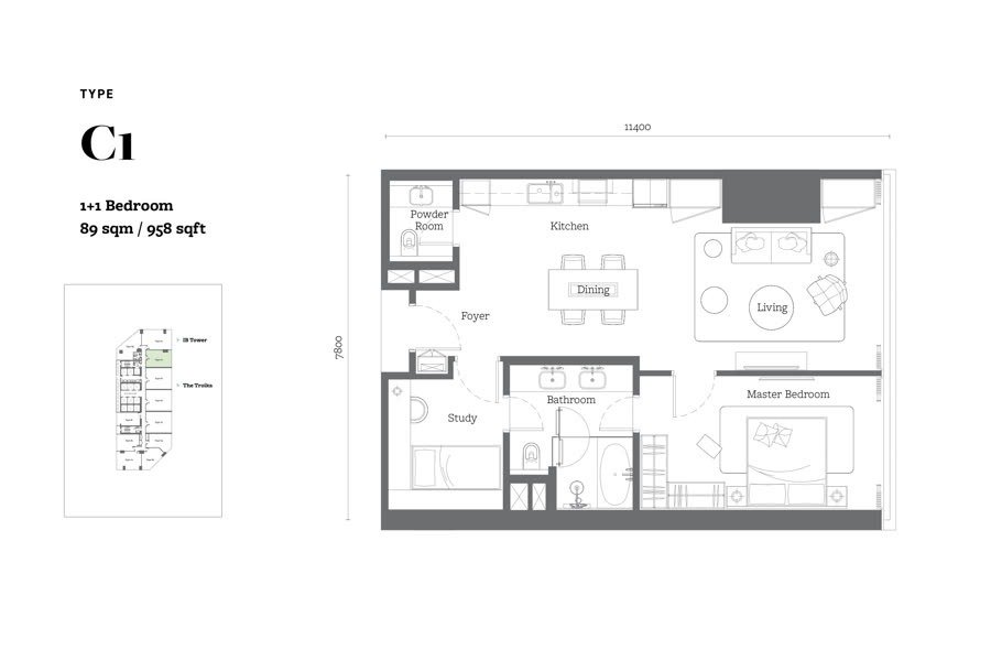 Type C1 floor plan, 958 square feet, 1+1 bedroom