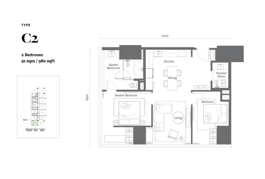 Type C2 floor plan, 980 square feet, 2 bedroom