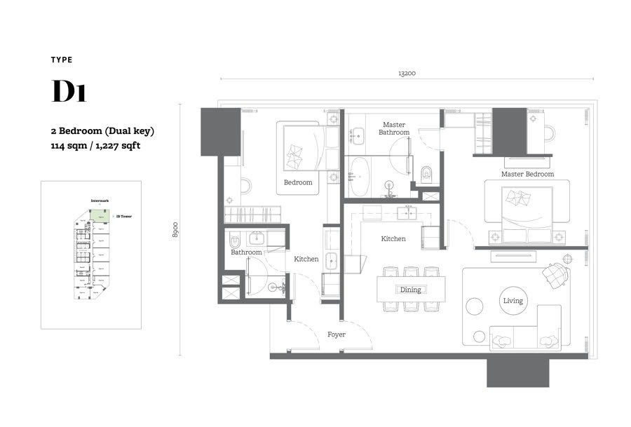 Type D1 floor plan, 1227 square feet, 2 bedroom dual key