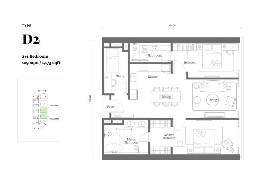 Type D2 floor plan, 1173 square feet, 2+1 bedroom