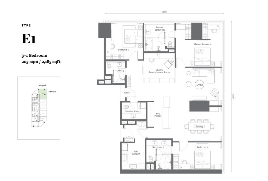 Type E1 floor plan, 2185 square feet, 3+1 bedroom