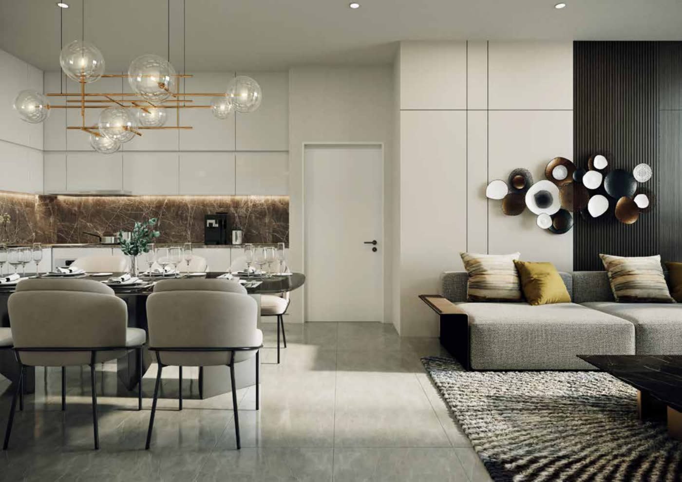 Open dining and living area interior render