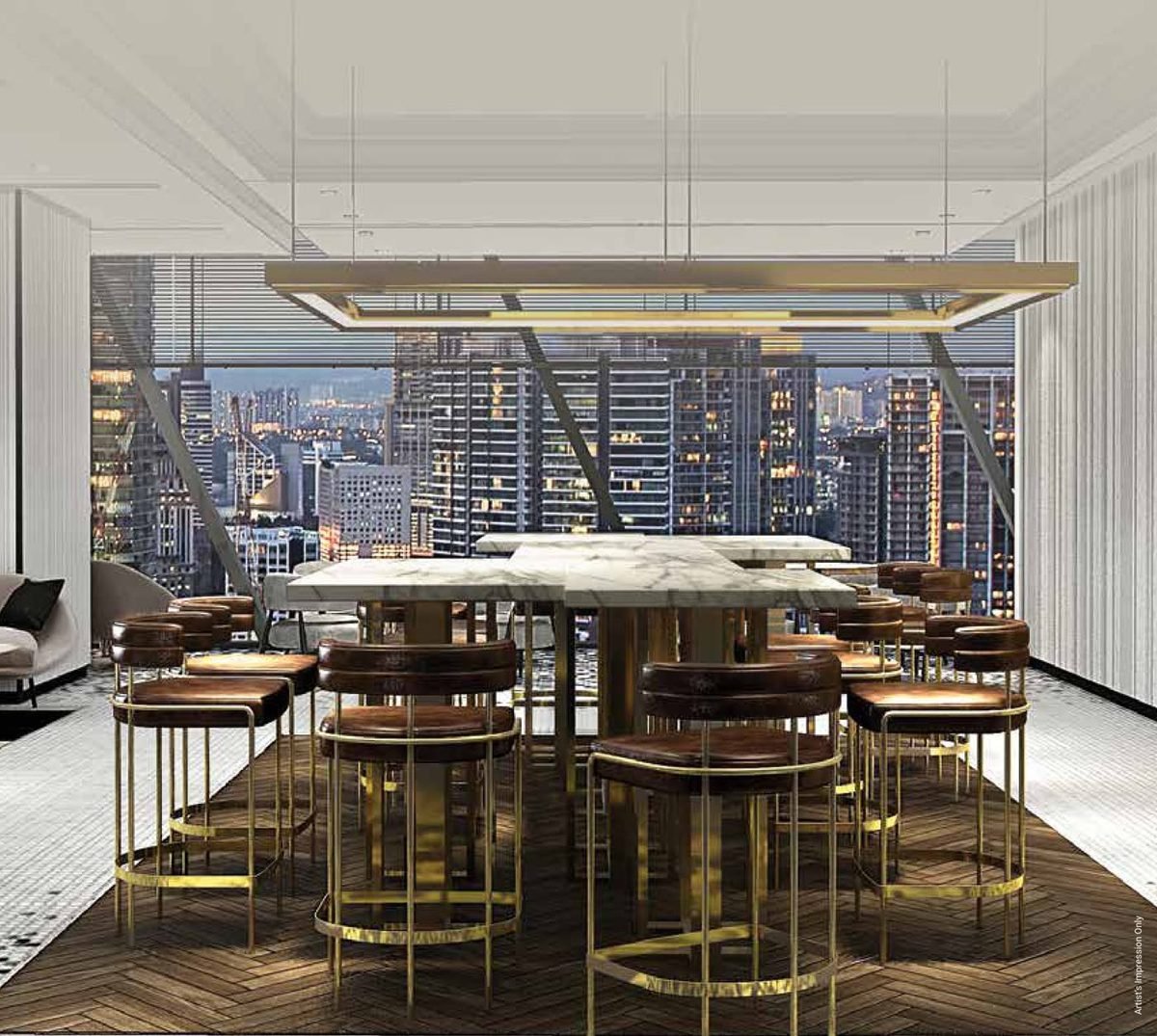 Living and dining room render with night skyline view