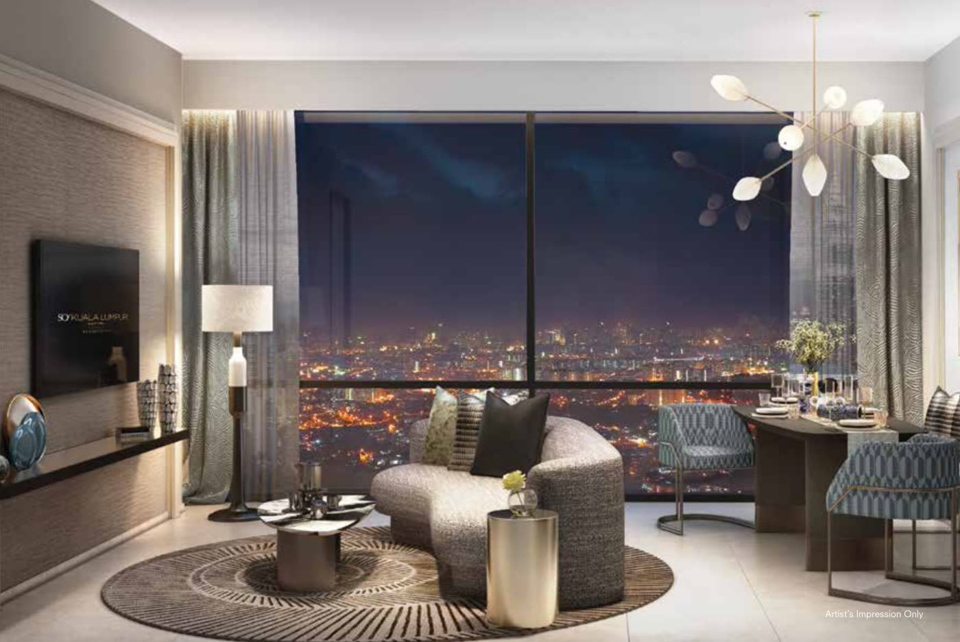 Rooftop dining lounge render with city view