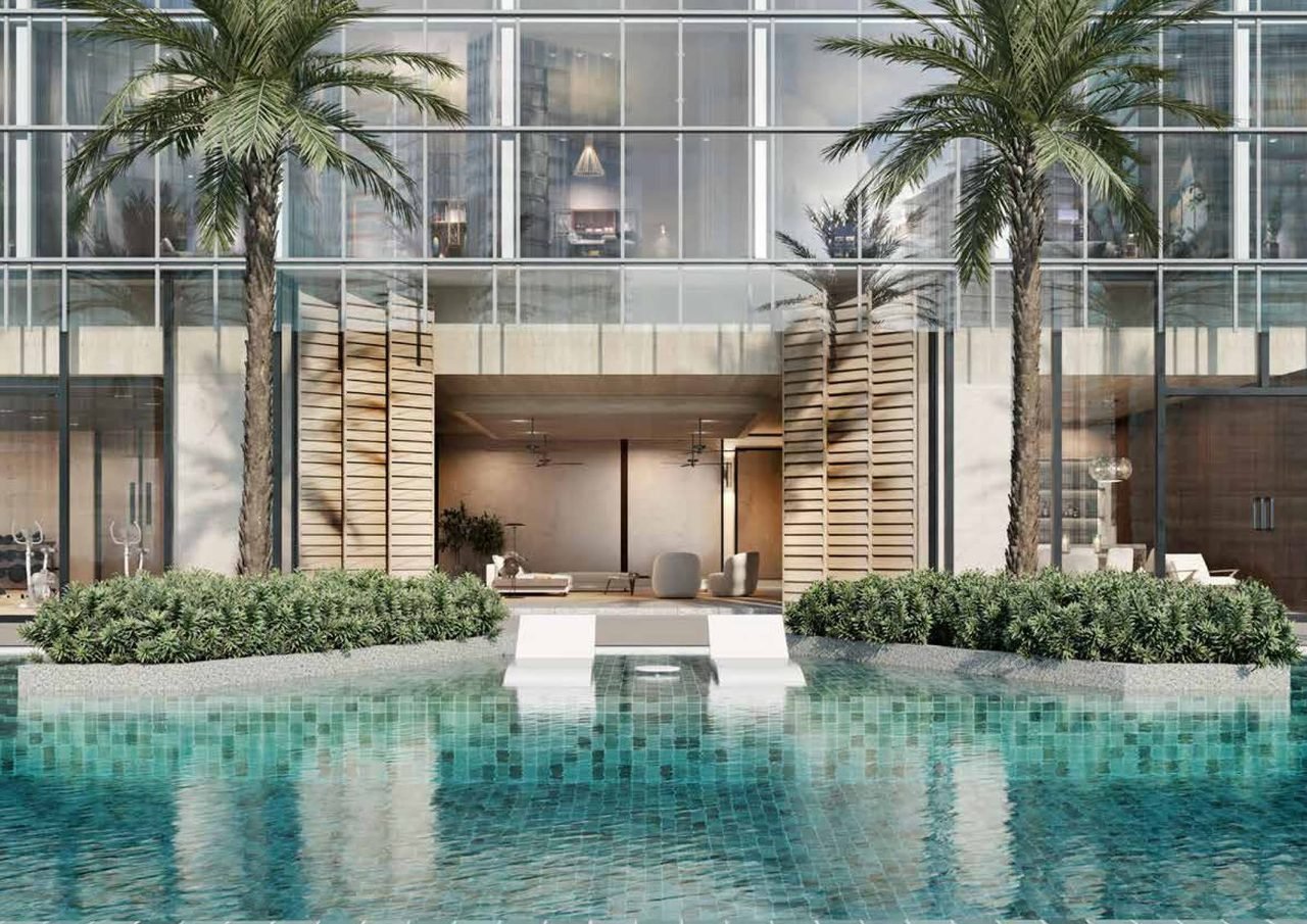 Swimming pool deck render with palm trees