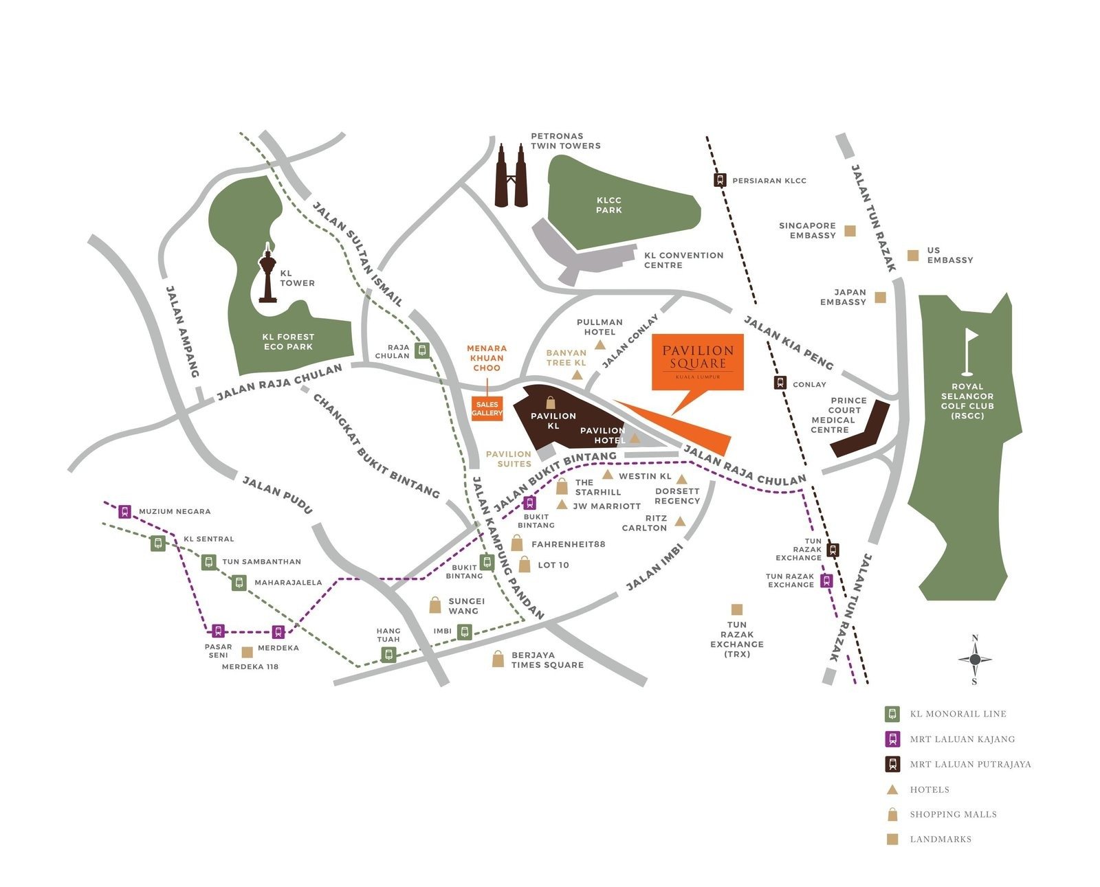 Pavilion Square Kuala Lumpur location map on Jalan Raja Chulan, showing nearby MRT, monorail and landmarks