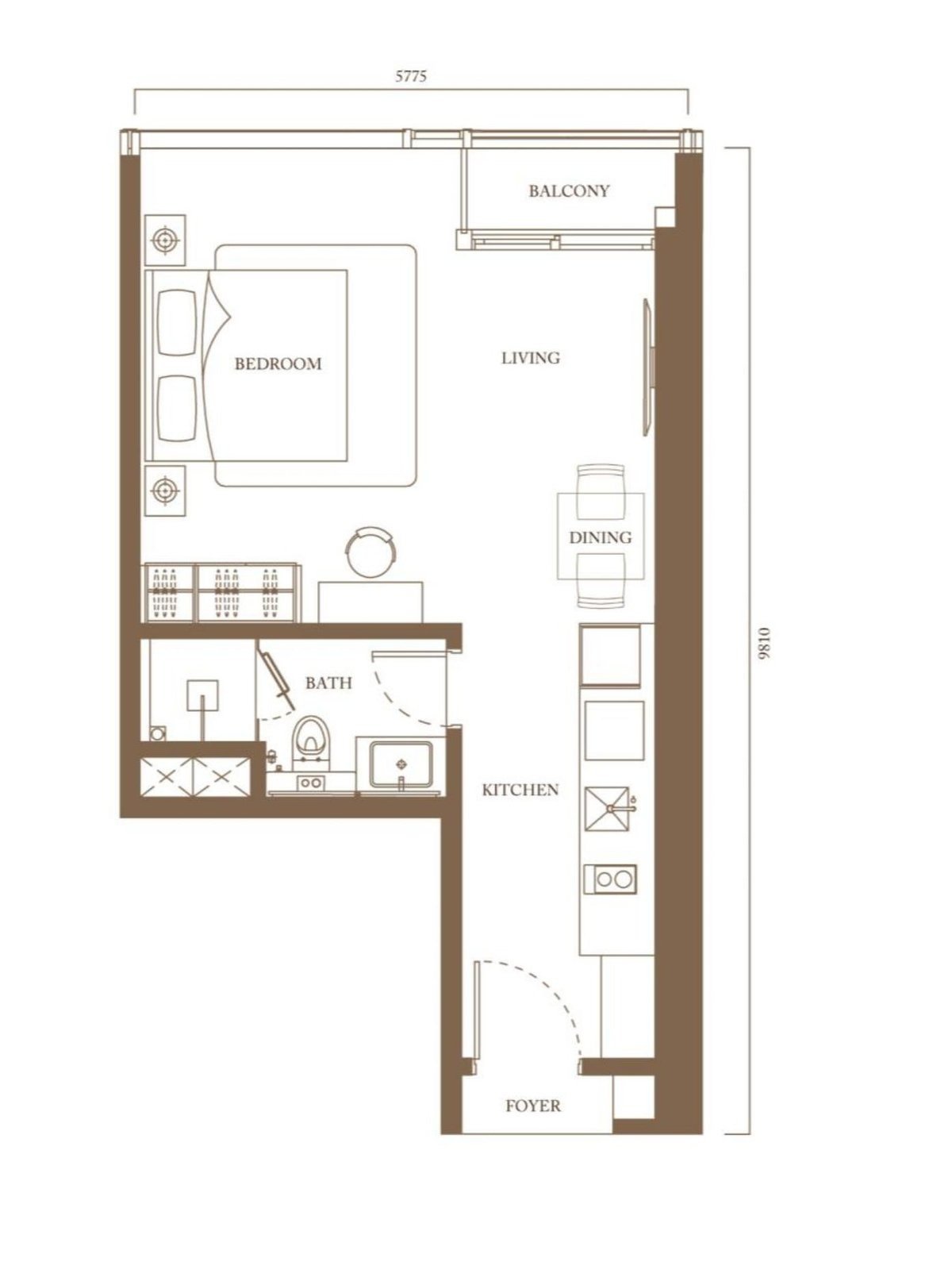 Pavilion Square Type A floor plan, 504 square feet studio with 1 bathroom