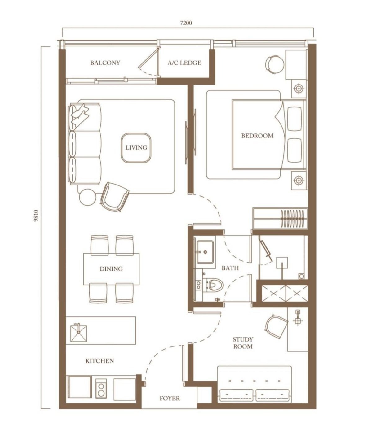 Pavilion Square Type B1 floor plan, 770 square feet, 1 bedroom with study and 1 bathroom