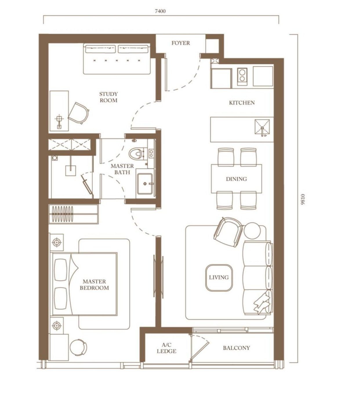 Pavilion Square Type B2 floor plan, 772 square feet, 1 master bedroom with study and 1 bathroom