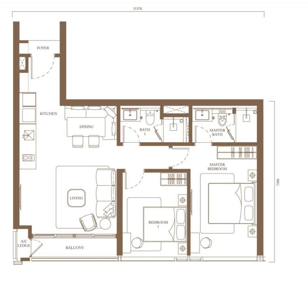 Pavilion Square Type C1 floor plan, 966 square feet, 2 bedrooms 2 bathrooms