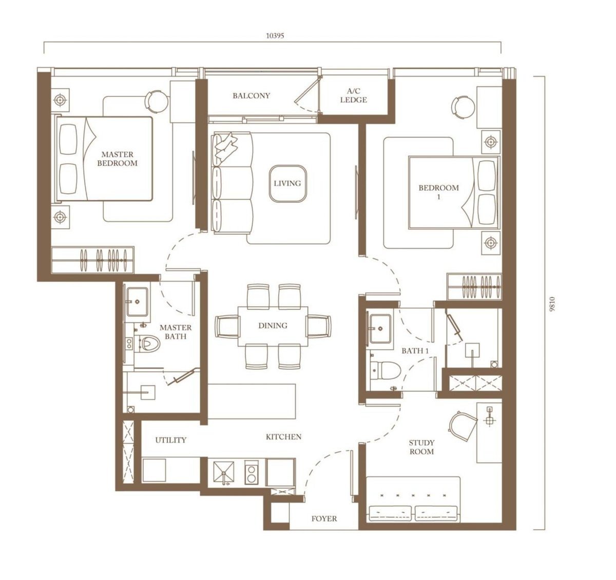 Pavilion Square Type C2 floor plan, 978 square feet, 2 bedrooms with study and 2 bathrooms