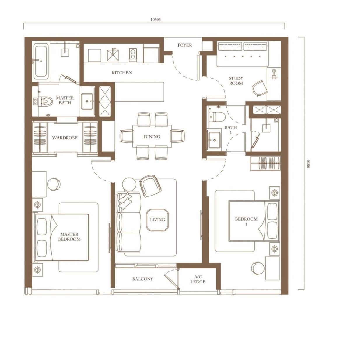 Pavilion Square Type C3 floor plan, 1100 square feet, 2 bedrooms with study and 2 bathrooms