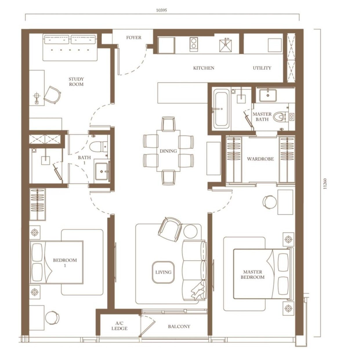 Pavilion Square Type C4 floor plan, 1272 square feet, 2 bedrooms with study and 2 bathrooms