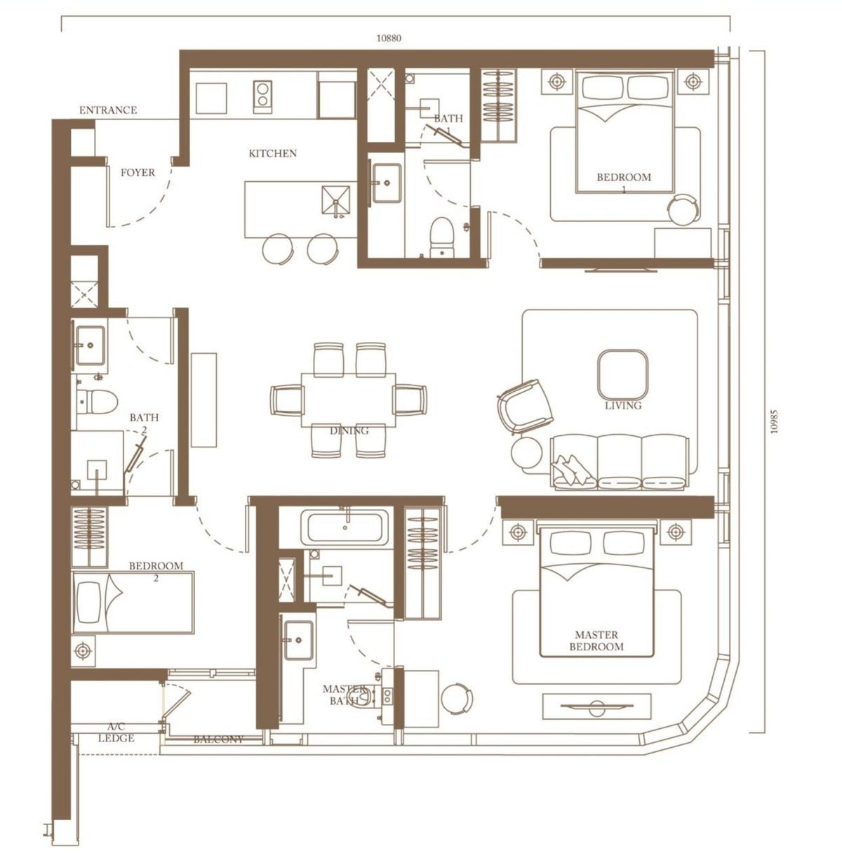 Pavilion Square Type D floor plan, 1255 square feet, 3 bedrooms 3 bathrooms